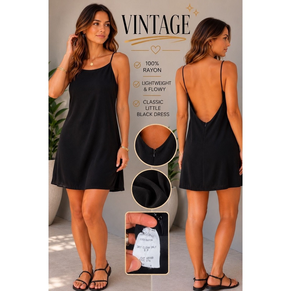 S 67- Vintage Black Low Back Rayon Chiffon Overlay Mini Dress size 4